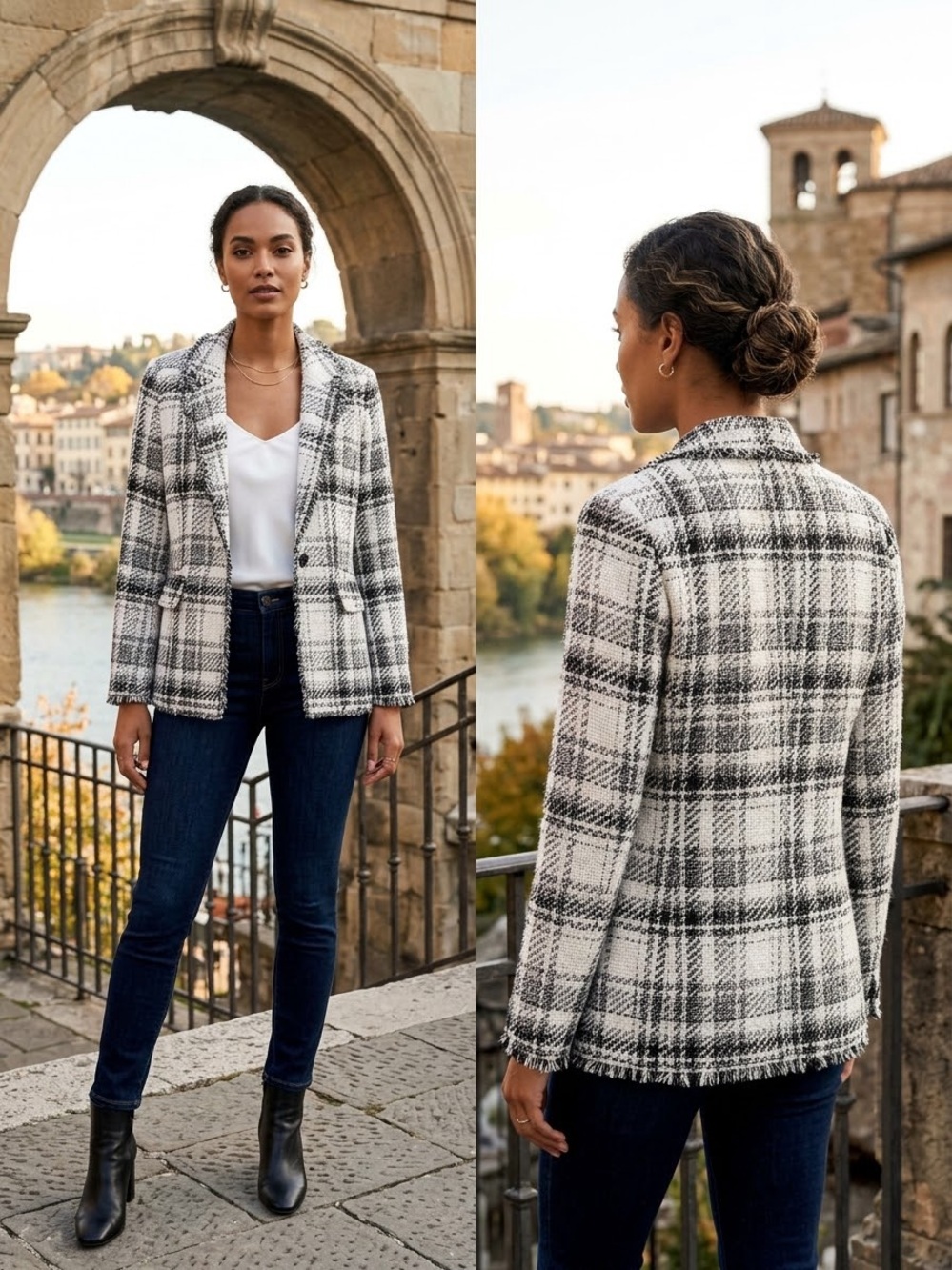 Tahari Black & White Plaid Windowpane Notch-Collar Lined Blazer SZ 10